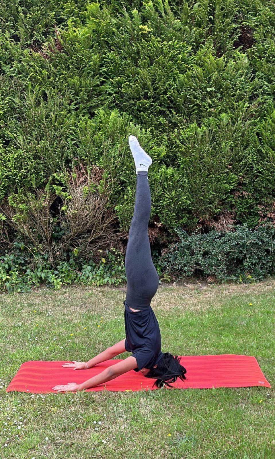 Supported headstand practice in the garden