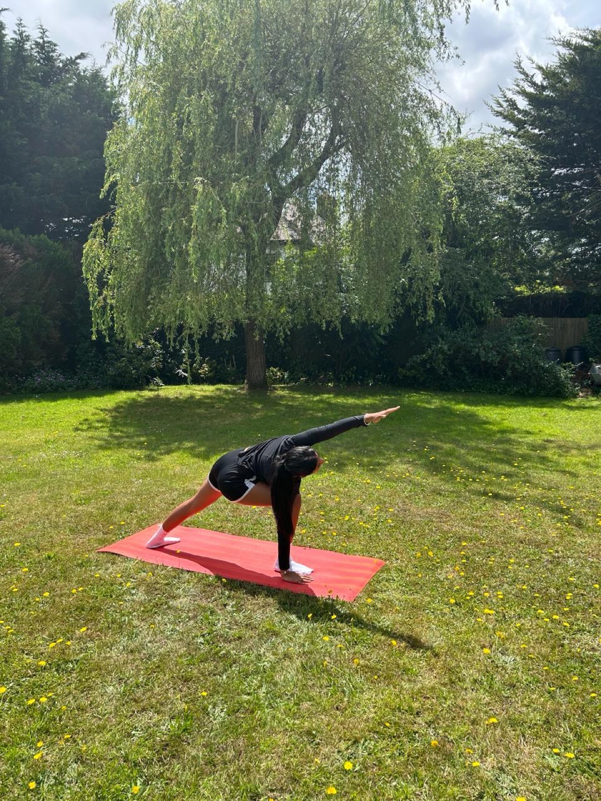Standing balance pose on a red mat